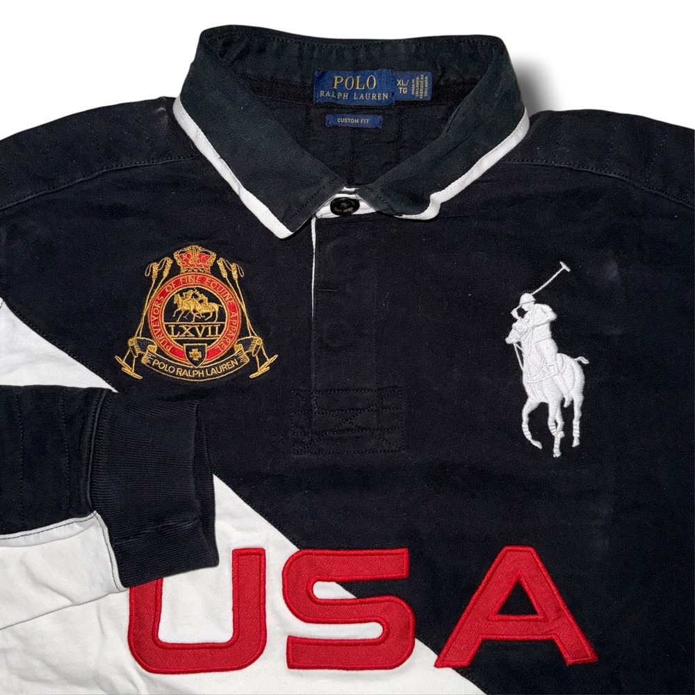 Polo Ralph Lauren USA Rugby Shirt Mens XL Custom Fit Black White Big Pony 3